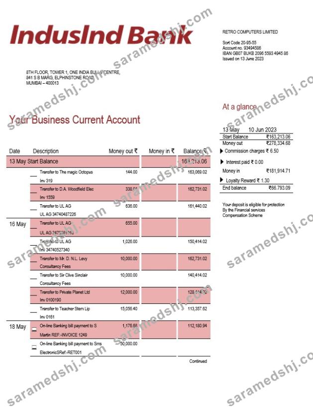 Indusind Bank enterprise statement Word and PDF template